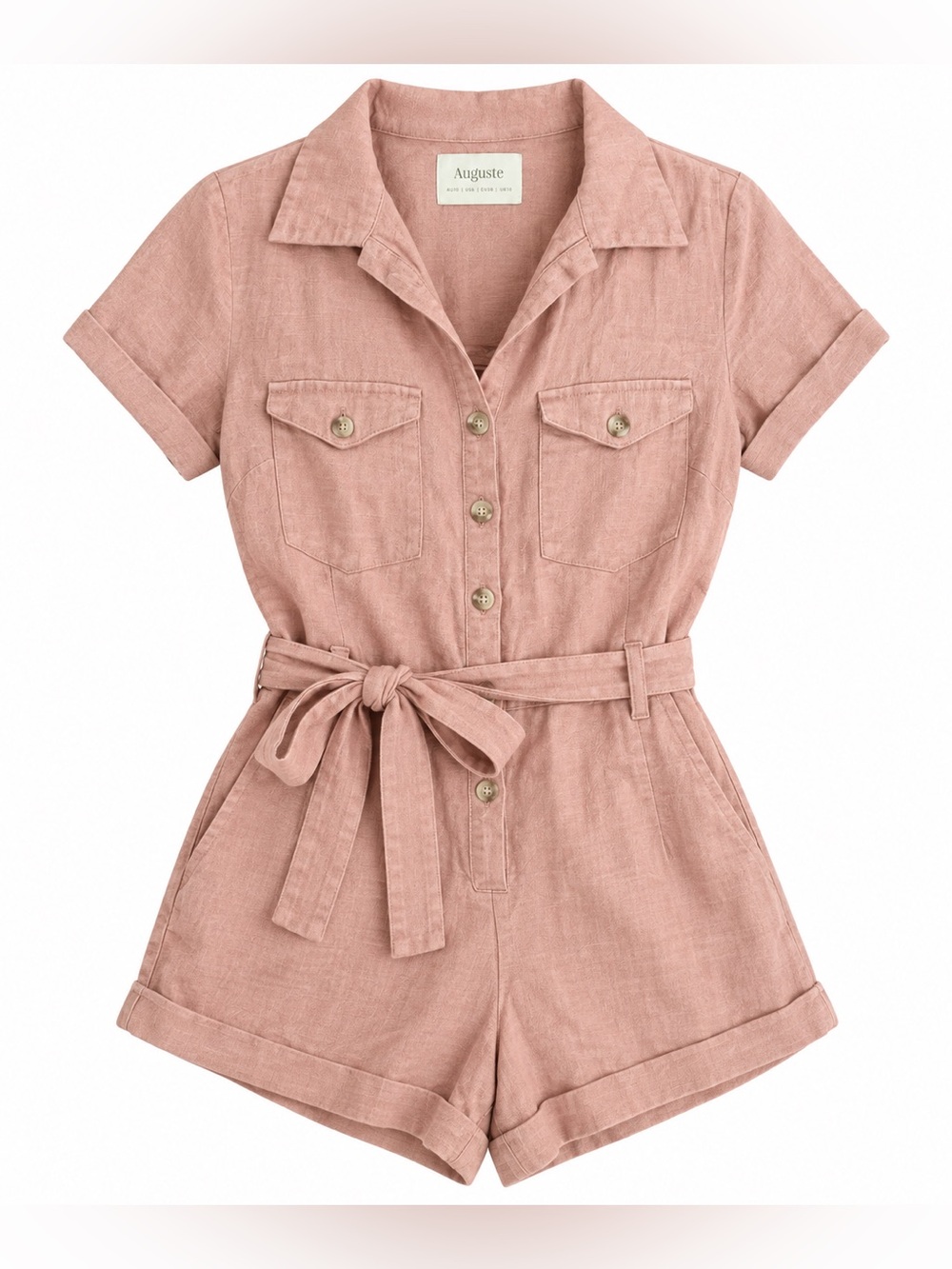 Auguste Women’s Size 6 Pink Linen Romper Belted Button Front Short Sleeve